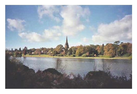 Looking at Clumber Chapel from the south east bank of Clumber Lake
